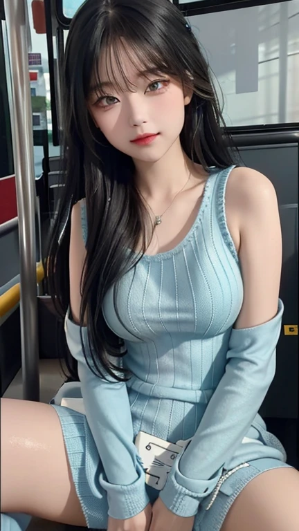 play sports often, long hair、(Light blue knitted dress:1.5), (black hair)、(fracture:1.2)、No panties, (Cyberpunk settings: 1.2), compensate,, (1 girl: 1.4), highest quality, masterpiece, (reality: 1.2), young woman, lady, detailed face, fine eyes, fine hair, fine skin, looking at the viewer, dramatic, vibrant, sharp focus, 50mm, f1.2, EOS R8, (3/4 body: 1.2), (Inside the bus in the background: 1.6), (highest qualityの詳細: 1.2), 8K HD,(spread legs:1.2),