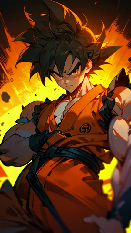 son Goku,Goku face,black orange kimono,hand cross,fuzzy background,angry expression,cartoon,rope tied on his waist, masterpiece,8k resolution , muscular