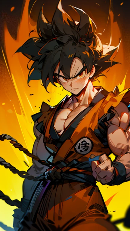 son Goku,Goku face,black orange kimono,hand cross,fuzzy background,angry expression,cartoon,rope tied on his waist, masterpiece,8k resolution , muscular