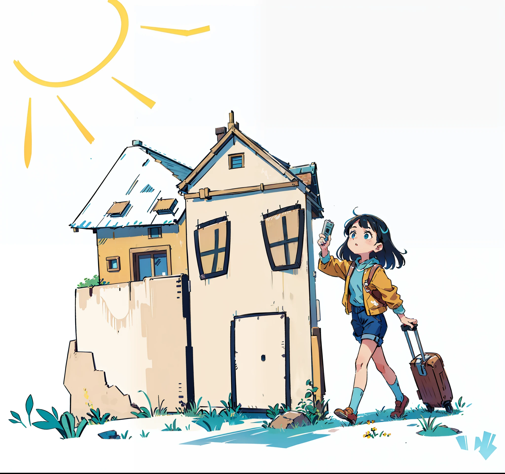 A modern girl dragging a suitcase，Behind you is a nice little house，The background is the countryside，grassland，blue sky,high detail, 8K,