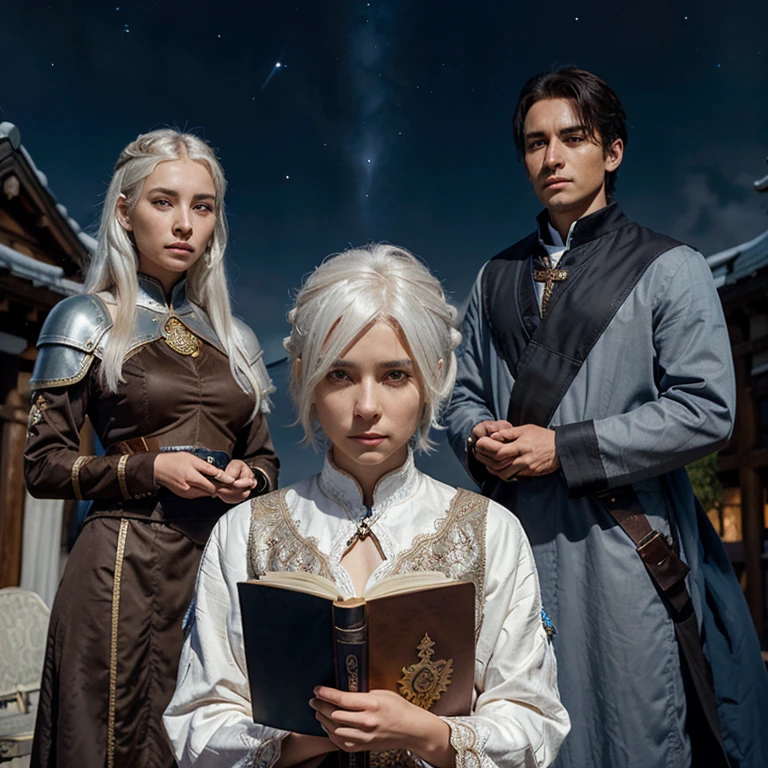 Female gender, white hair (short), brown skin, night sky eyes (a little dark), beautiful face, noble clothes, background is a noble house, she is accompanied by 3 servants behind her One is a woman holding a magic book, the other is a man holding a holy sword and an old man holding a shield, Japanese manga line drawing.