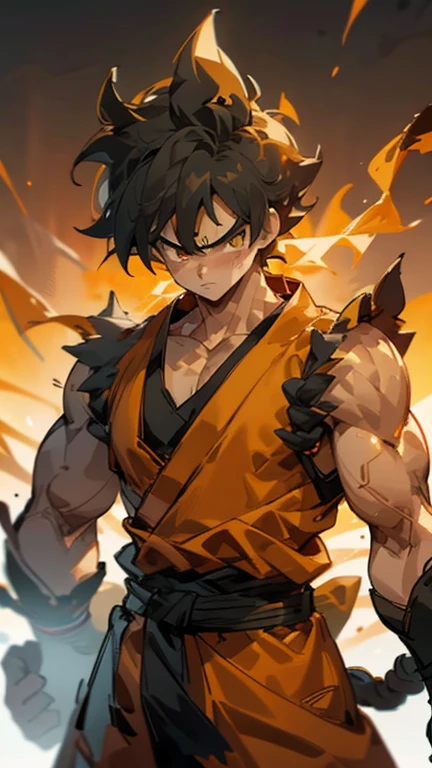 son Goku,Goku face,black orange kimono,hand cross,fuzzy background,angry expression,cartoon,rope tied on his waist, masterpiece,8k resolution , muscular