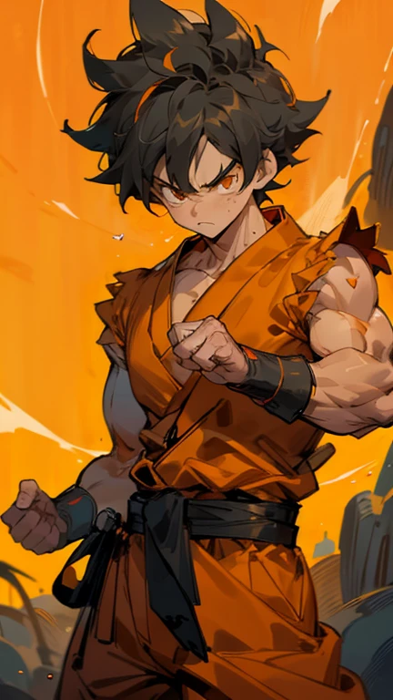 son Goku,Goku face,black orange kimono,hand cross,fuzzy background,angry expression,cartoon,rope tied on his waist, masterpiece,8k resolution , muscular