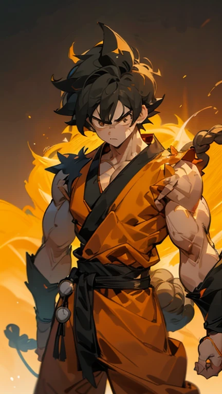 son Goku,Goku face,black orange kimono,hand cross,fuzzy background,angry expression,cartoon,rope tied on his waist, masterpiece,8k resolution , muscular