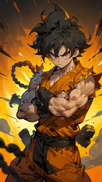 son Goku,Goku face,black orange kimono,hand cross,fuzzy background,angry expression,cartoon,rope tied on his waist, masterpiece,8k resolution , muscular