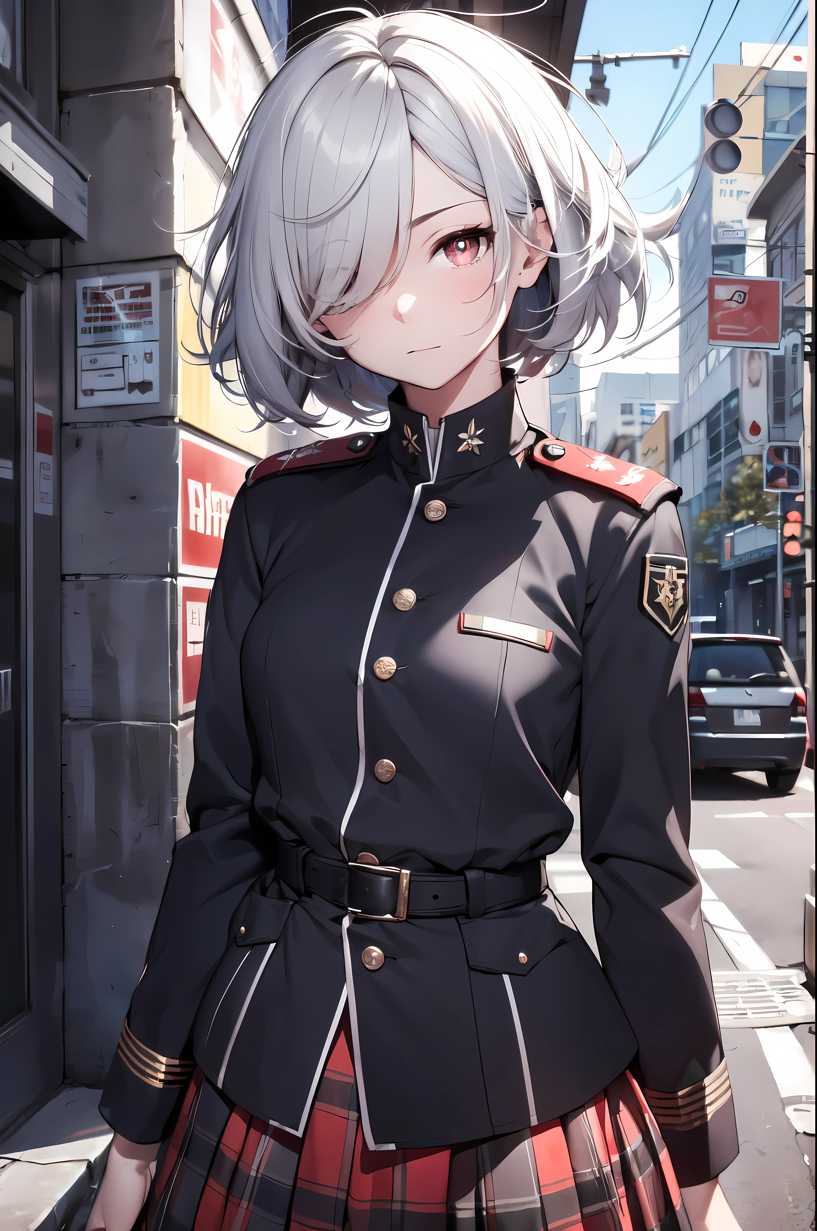 detailed, (masterpiece:1.2), (pale_skin:1.2), (solo:1.2), (female), slender, (gray hair), (black_military_uniform), outdoors, headtilt, red eyes, short hair, (messy hair:1.3), (red skirts), (white pupils:1.3), (hair_covering_eye:1.5)
