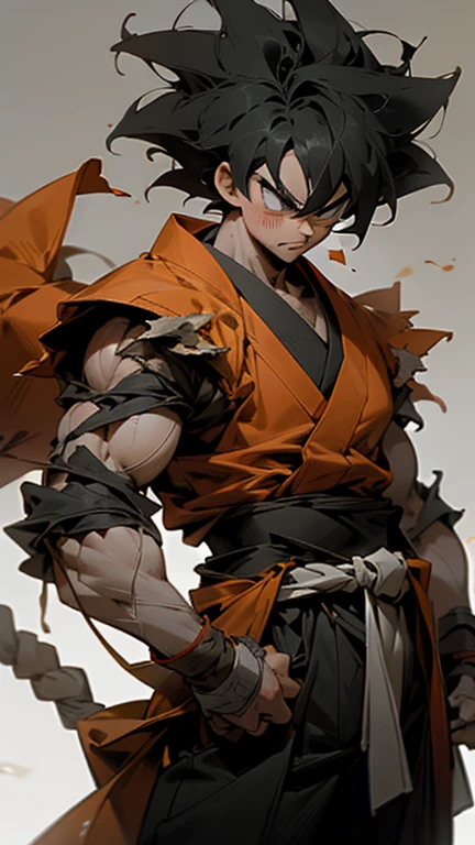 son Goku,Goku face,black orange kimono,hand cross,fuzzy background,angry expression,cartoon,rope tied on his waist, masterpiece,8k resolution , muscular