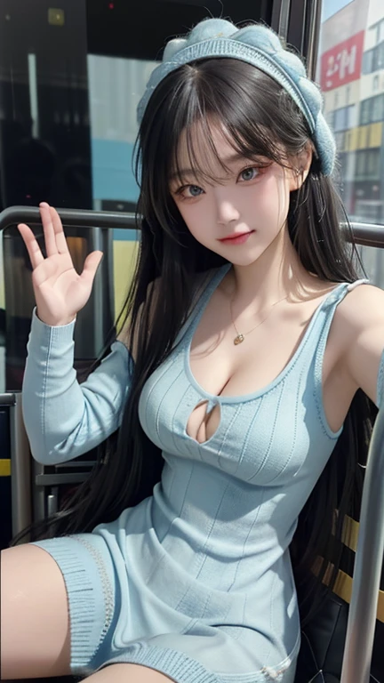 play sports often, long hair、(Light blue knitted dress:1.5), (black hair)、(cleavage:1.2)、No panties, (Cyberpunk settings: 1.2), compensate,, (1 girl: 1.4), highest quality, masterpiece, (reality: 1.2), young woman, lady, detailed face, fine eyes, fine hair, fine skin, looking at the viewer, dramatic, vibrant, sharp focus, 50mm, f1.2, EOS R8, (3/4 body: 1.2), (Inside the bus in the background: 1.6), (highest qualityの詳細: 1.2), 8K HD,(spread legs:1.2),