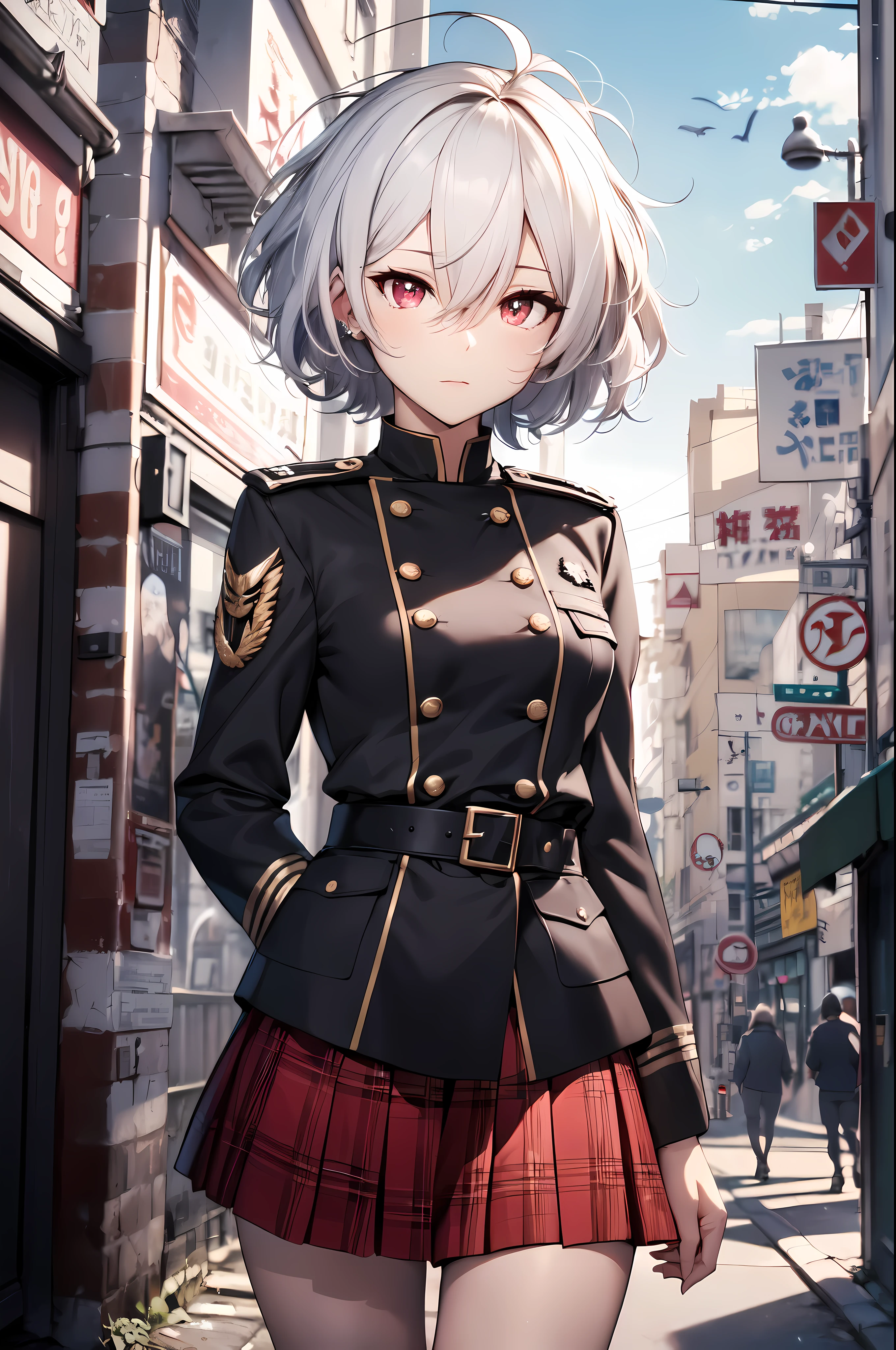 detailed, (masterpiece:1.2), (pale_skin:1.2), (solo:1.2), (female), slender, (white hair), (black_military_uniform), outdoors, headtilt, red eyes, short hair, (messy hair:1.3), (red skirts), (white pupils), (hair_covering_eye:1.5)