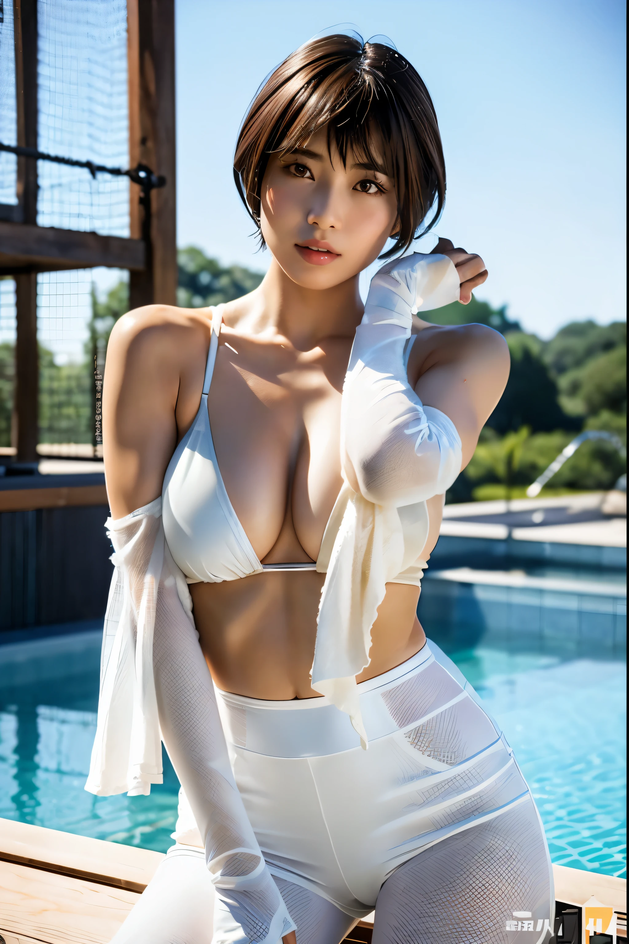 ((highest quality、masterpiece:1.3))、２０age、A beautiful girl who emphasizes her slender abdominal muscles:1.3、((naked、casual hairstyle、huge breasts:1.2、Nipples are cute、constricted waist、beautiful nipples、view from below))、wet string clothes:1.2、super detailed face、fine eyes、double eyelid、naked、full body portrait、sexy skirt、((naked、tight waist、big breasts 、please show me your chest))、wet body、((Correct human body、bob cut、naked、Poolside、Beautiful woman、spread legs、show private parts))、Beautiful woman、I can see the nipples、view from below