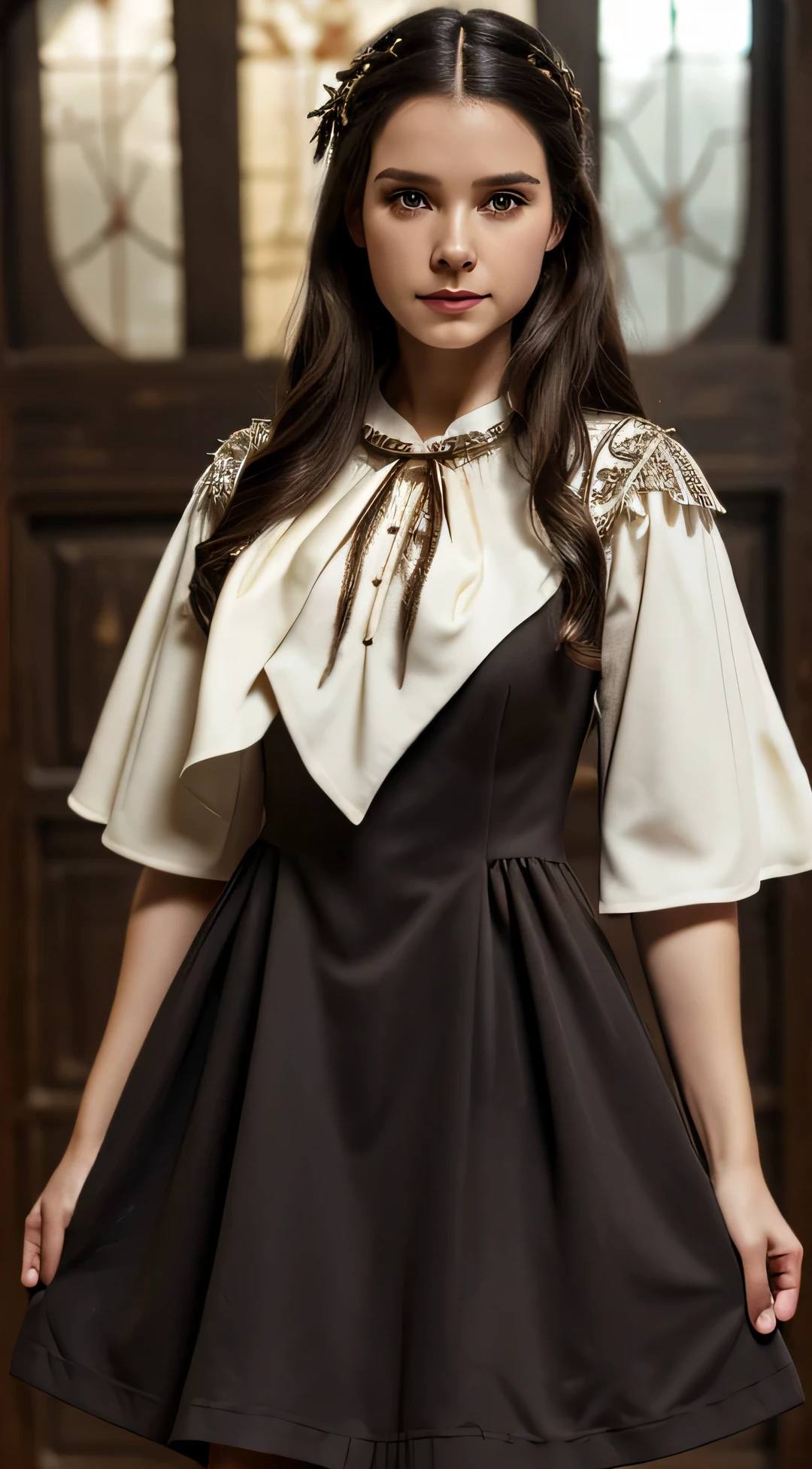 young , medieval, ((detailed short dark color dress)), fantasy, (General plan), three-quarter, Cinematic, white ivory bow, fireflys, (fantasy clothes), boots