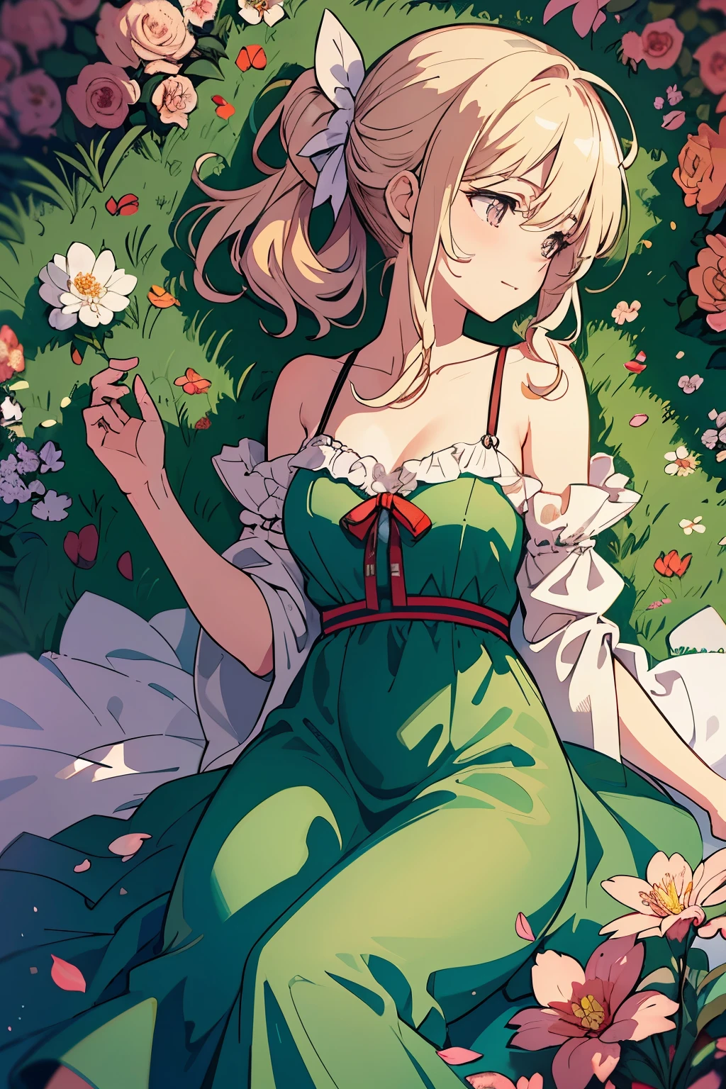 Masterpiece, best quality, (exquisitely detailed CG unity 8k wallpaper) (top-quality), (enchanting illustrations), (delicate shading)
Two girls, side by side, (admiring the same flower) --s2, petals of soft pink and red hues, lying gently on the grass, sunshinefiltered through, casting dappled patterns on their faces, their eyes bright with shared fascination, eyebrows furrowed in concentration, hair tied back in ponytails, dresses rustling softly in the breeze, hands delicately touching the petals, smiles reflecting their inner joy.