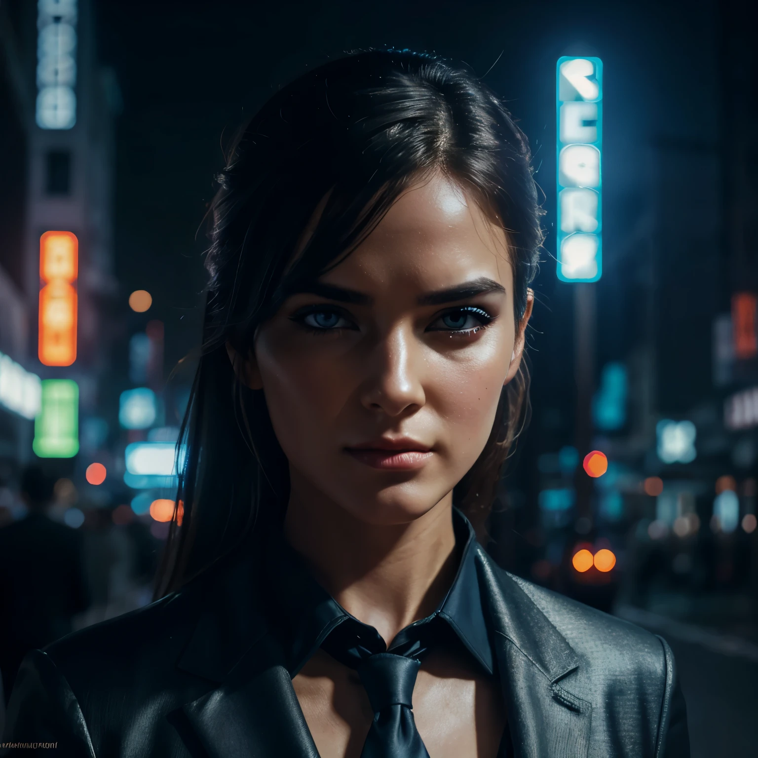 16K, HDR, RTX, raytracing, natural lighting, absurdres, best qaulity masterpiece, perfect anatomy highly detailed face, detailed eyes, 1girl, solo, wearing a business suit, shirt, top button open, beautiful hair, extreme beautiful, edgy, cool, evil aura, windy, glowing eyes, serious expressions, dystopian city, futuristic, detailed background, award winning, neon lights, trending on art station