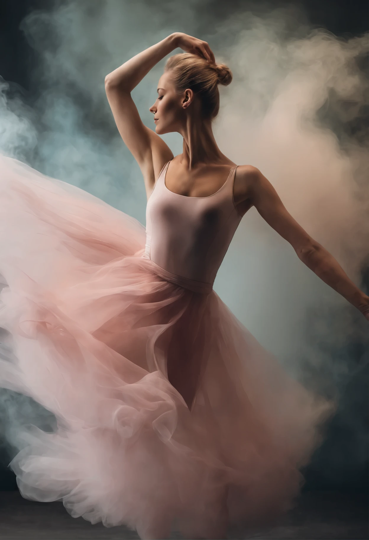 Enigmatic ballet movement in pastel colors. Blonde ballet dancers made of smoke. Create original CD cover artwork for a ballet album, that embodies abstraction, dynamische Bewegung, Smoke effect and a feeling of mystery. The background must be filled with swirling and dynamic colorful smoke, der sich mit dem rauchigen, the ballet dancer's swirling dress.Dabei dient das Konzept eines fliegenden roten Rauchkleides in schneller wirbelnder Bewegung als Inspiration, Your creativity is encouraged, alternative Ideen zu erkunden. Key elements to include:Convey an enigmatic, rauchige, colorful atmosphere.Betonen Sie die Dynamik, wirbelnde Bewegung in Ihrer Komposition.Focus solely on the visual image; exclude any text.Additional Guidelines:The artwork should evoke fascination and a sense of wonder.Capture the essence of ballet with fast and fluid movements.