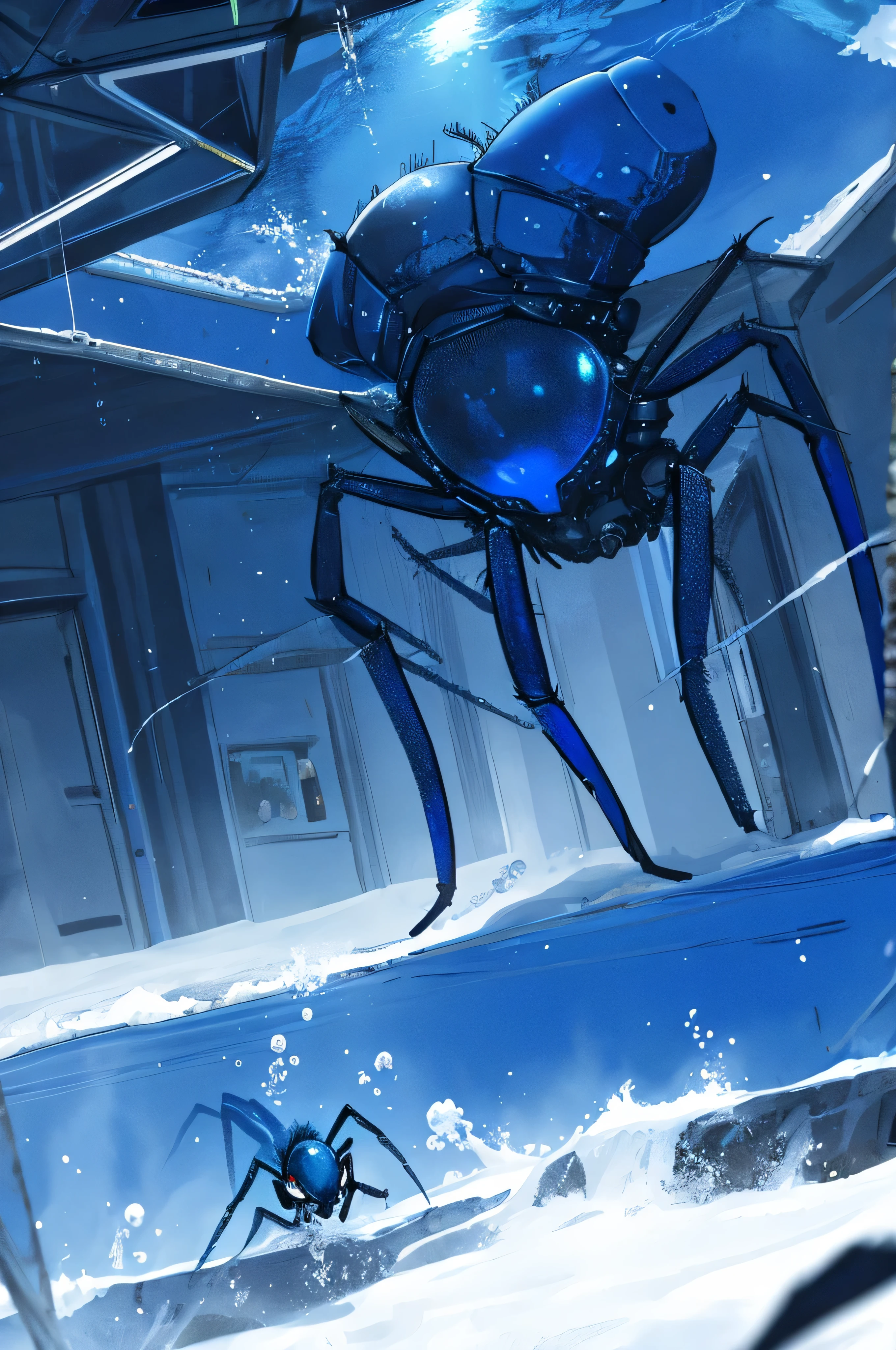 Blue spider, 3D, chef d oeuvre, View against dive, giant blue spider, scared people, blue pale. horror scenario