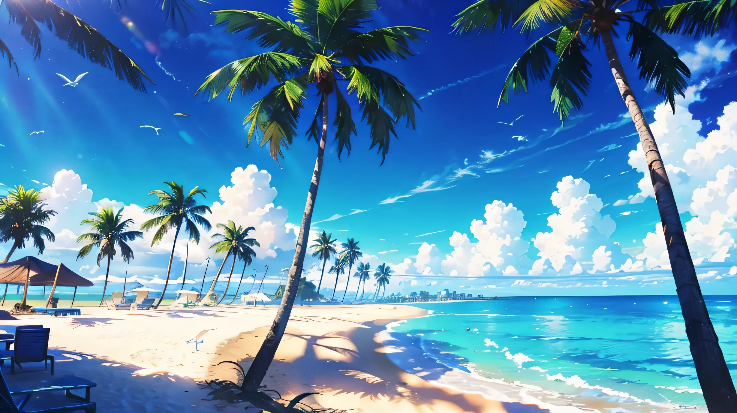 High resolution,High resolution,high quality,landscape,realistic,blue sky,beach,white bird,Palm tree