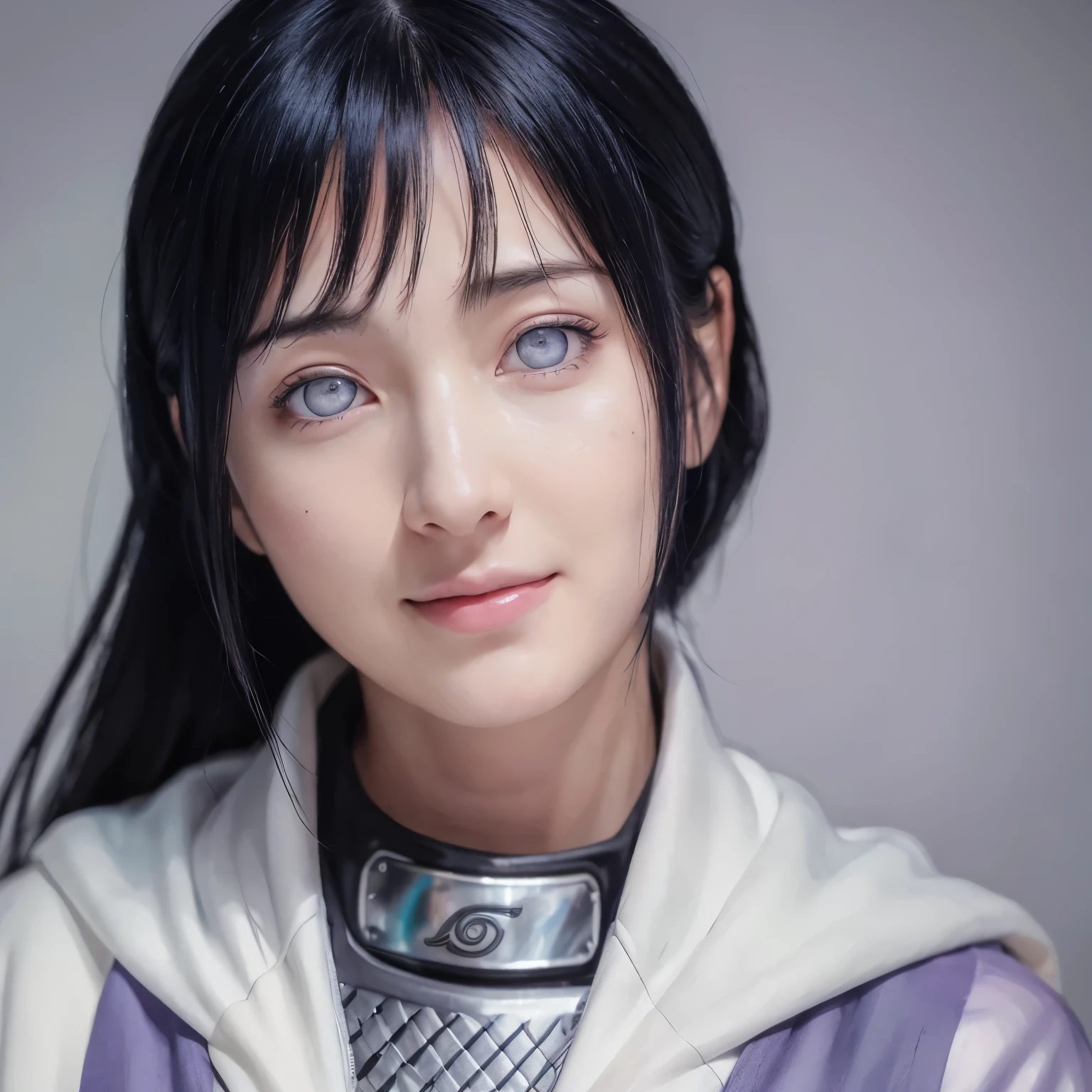 (highest quality,super detailed,realistic:1.37),Naruto's Hinata,beautiful and fine eyes,Soft facial features,porcelain skin,long silky black hair,tightly tied forehead protector,gentle smile,calm expression,casual clothes,white and lavender color palette,Subtle shading and highlight effects,Dynamic and vivid background,studio lighting,artistic rendering style,Bright colors,Charcoal sketch texture.