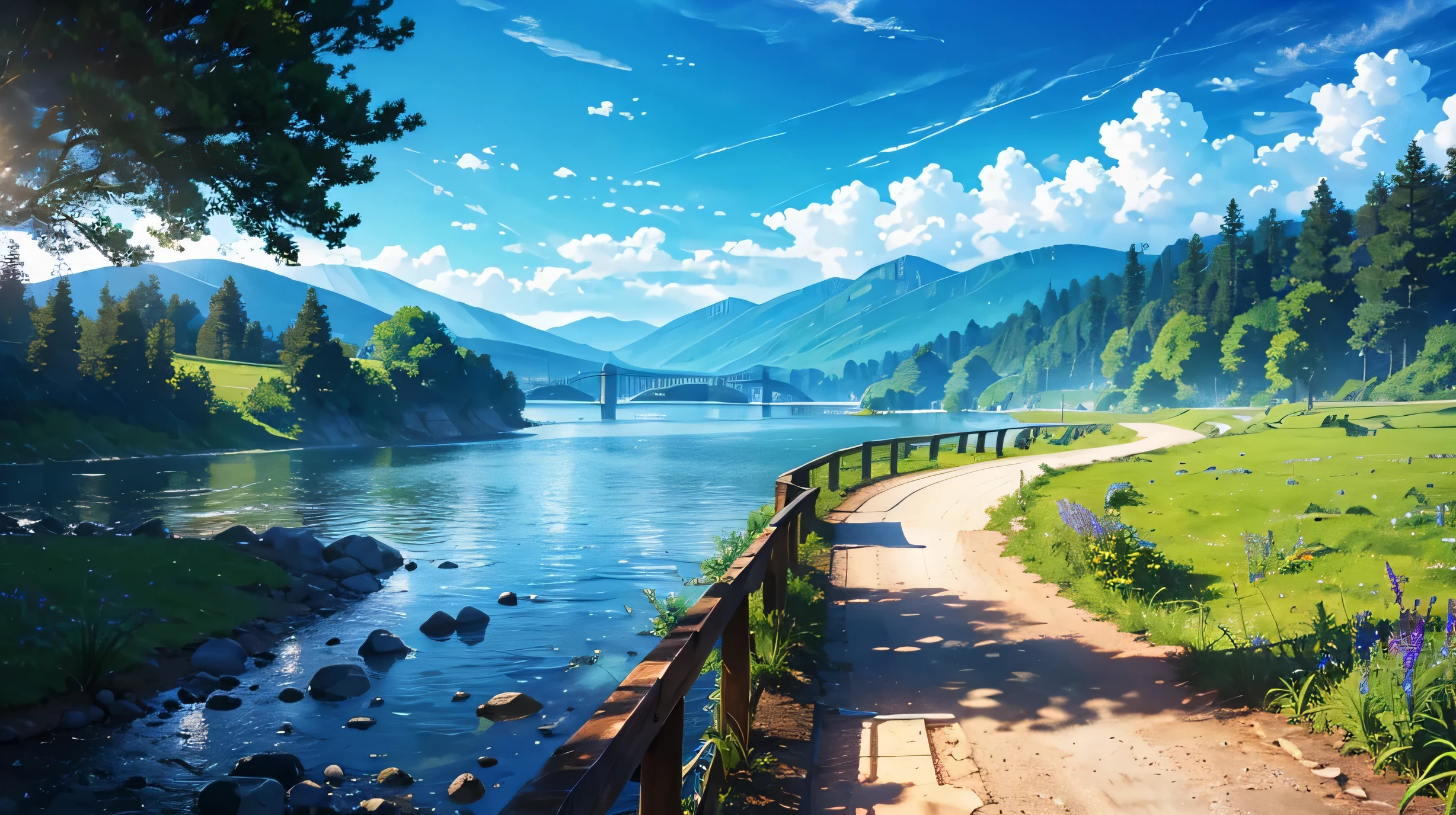 High resolution,High resolution,high quality,landscape,realistic,blue sky,along the river,Walking trail