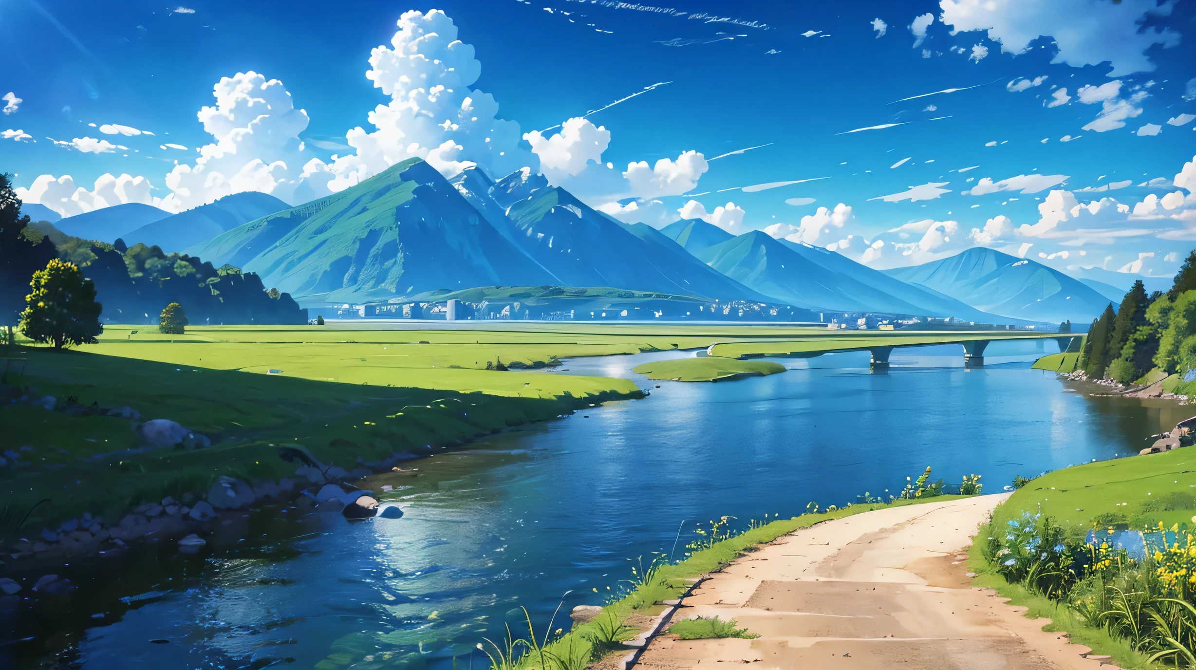 High resolution,High resolution,high quality,landscape,realistic,blue sky,along the river,Walking trail