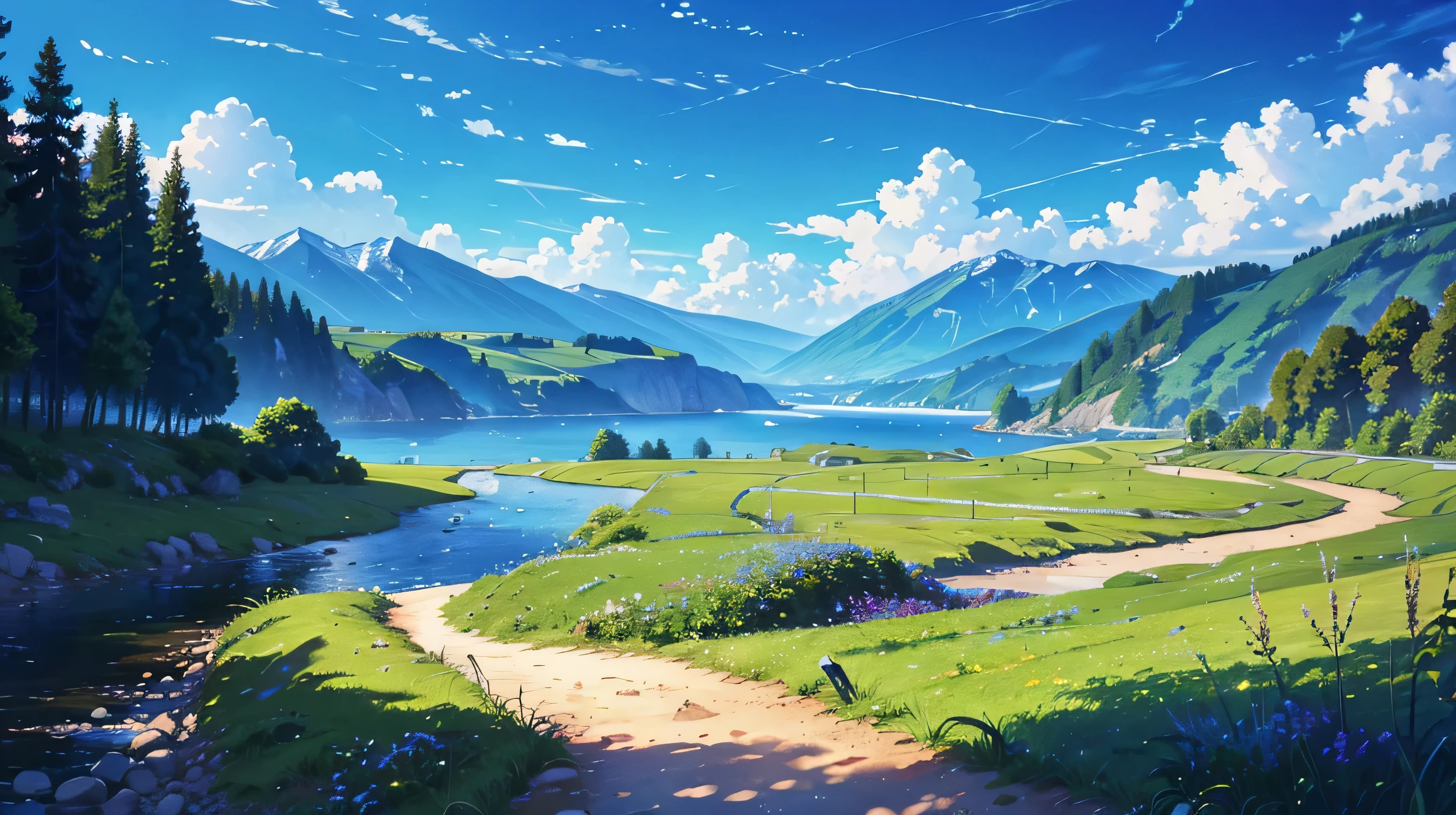 High resolution,High resolution,high quality,landscape,realistic,blue sky,along the river,Walking trail