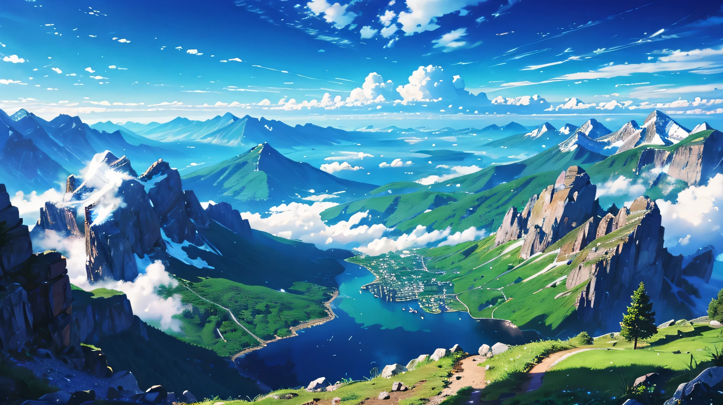 Mountains and lakes in the distance with a blue sky and clouds - SeaArt AI