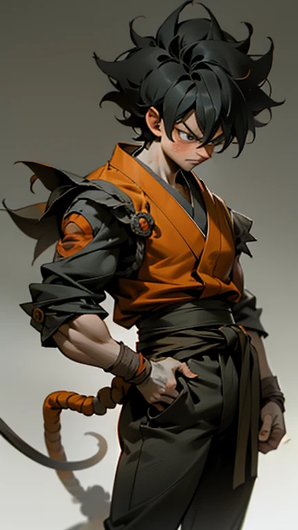 son Goku,Goku face,black orange kimono,hand cross,fuzzy background,angry expression,cartoon,rope tied on his waist, masterpiece,8k resolution , muscular