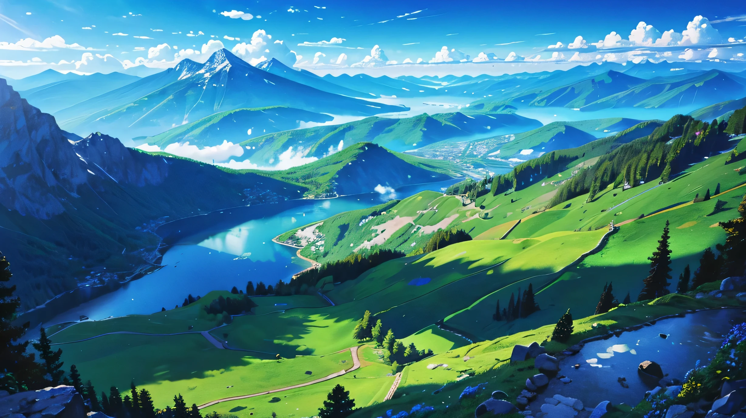 High resolution,High resolution,high quality,landscape,realistic,blue sky,View from the mountain