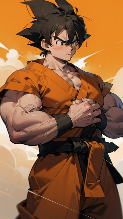 son Goku,Goku face,black orange kimono,hand cross,fuzzy background,angry expression,cartoon,rope tied on his waist, masterpiece,8k resolution , muscular