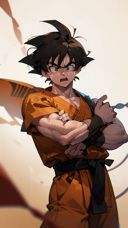 son Goku,Goku face,black orange kimono,hand cross,fuzzy background,angry expression,cartoon,rope tied on his waist, masterpiece,8k resolution , muscular