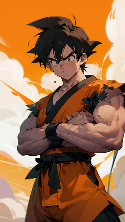 son Goku,Goku face,black orange kimono,hand cross,fuzzy background,angry expression,cartoon,rope tied on his waist, masterpiece,8k resolution , muscular