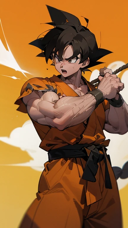 son Goku,Goku face,black orange kimono,hand cross,fuzzy background,angry expression,cartoon,rope tied on his waist, masterpiece,8k resolution , muscular