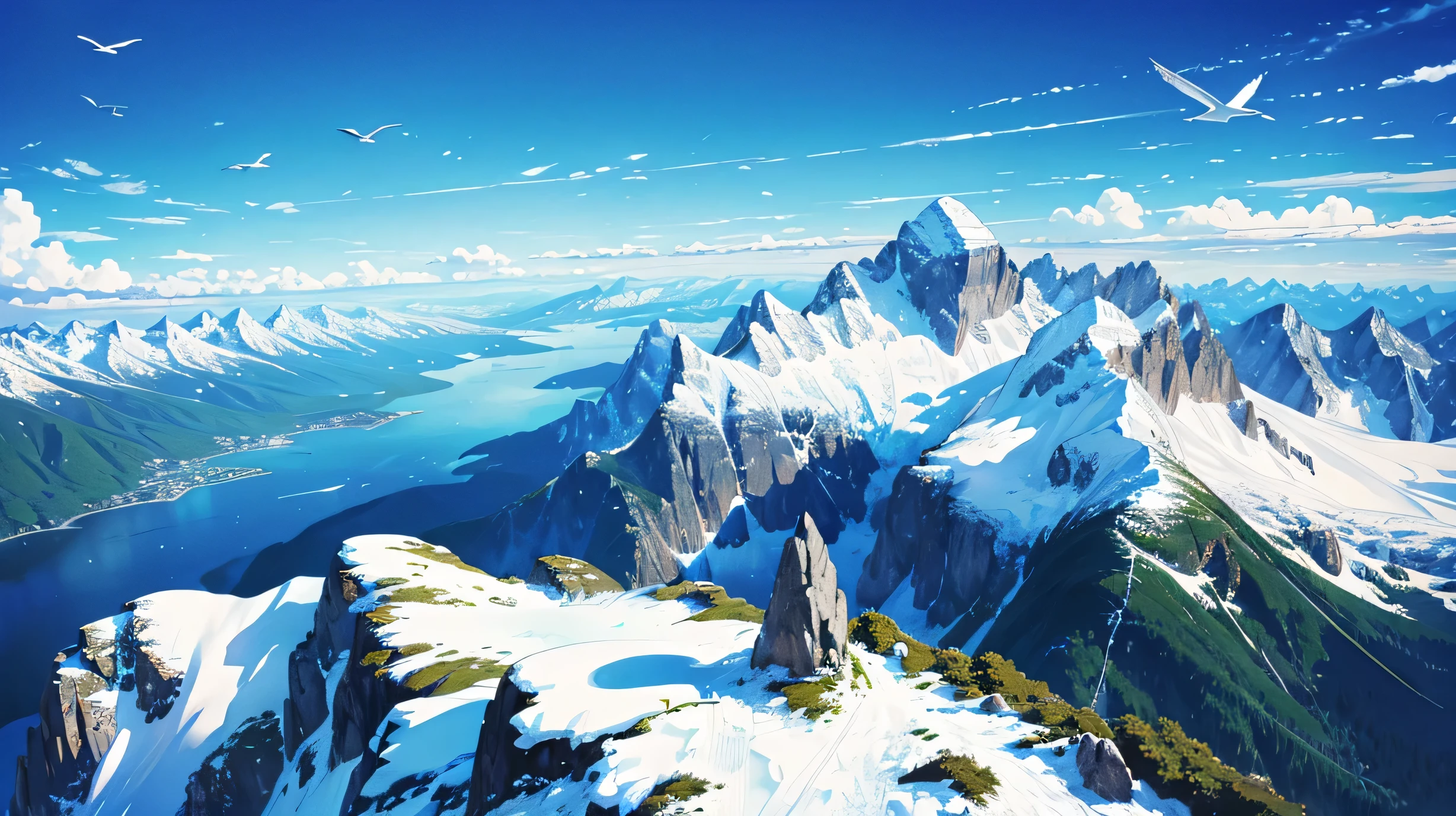 High resolution,High resolution,high quality,landscape,realistic,blue sky,View from the mountain,white bird