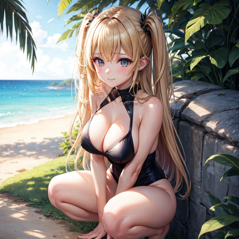 highest quality, masterpiece, blonde、gal、female brat、big breasts、tits、swimsuit、exposed、Slut、smug face、squatting position、crotch opening、sandy beach、crowd