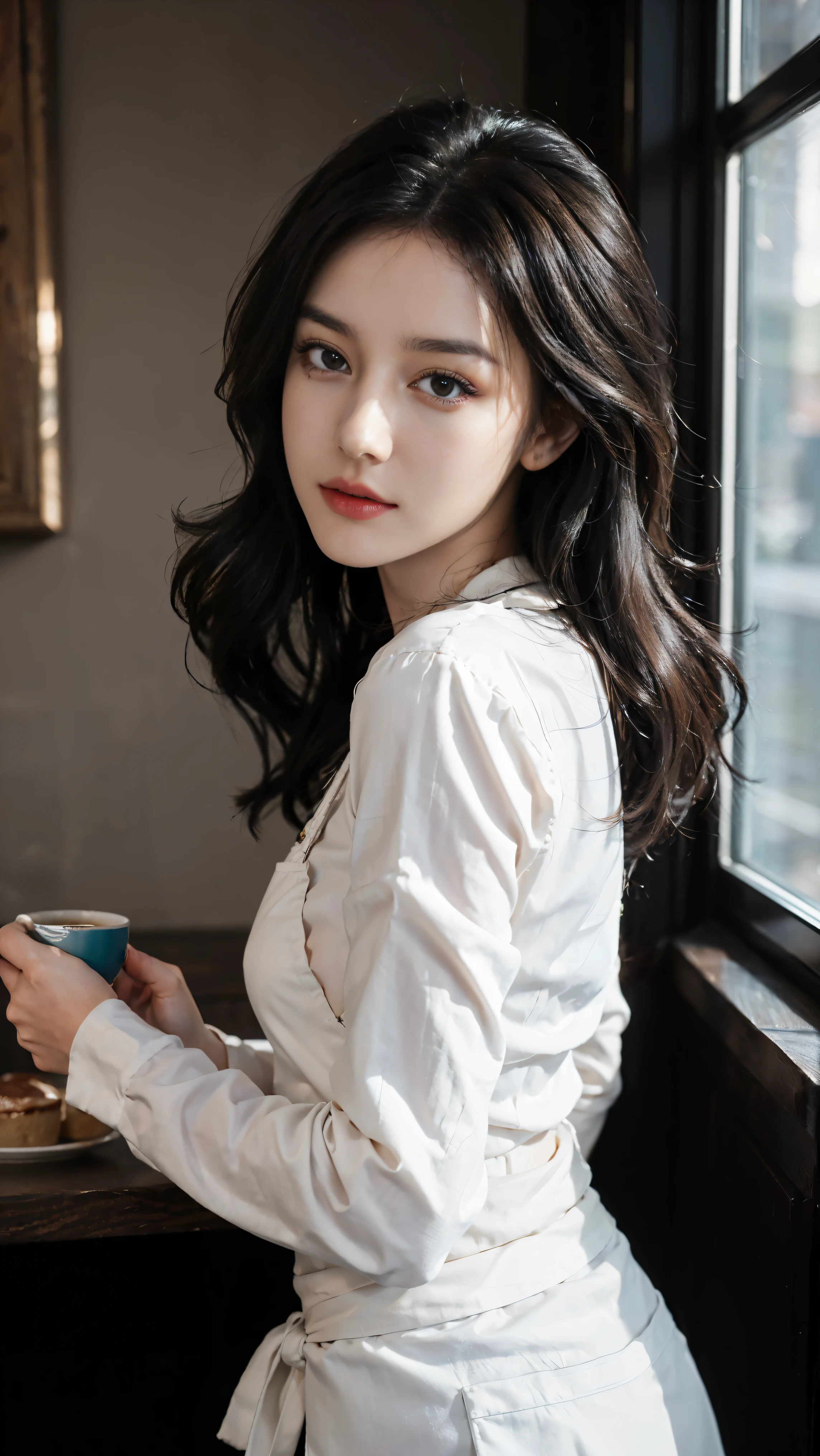 (Masterpiece: 1.3), (8k, Photorealistic, RAW Photo, Best Quality: 1.4), (1girl), Shallow depth of field, Face in focus, Soft Focus, Beautiful Face, (Backlit: 1.5), (Ambient: 1.3), (Realistic Face), (Black Hair, Medium Short: 1.3), Loose Wavy Hair, Short Bangs, Realistic Eyes, Dark brown eyes, highlights in pupils, beautiful detail eyes, (plenty of natural light), (realistic skin), beautiful skin, (blouse with white collar), (apron), (carrying a large tray), absurdity, attractive, ultra high resolution, ultra realistic, high definition, golden ratio, detailed café background, coffee cup, blackboard menu, pale skylight of natural light, Natural light lighting from diagonal front of face, (small head), (small breasts), perfect anatomy