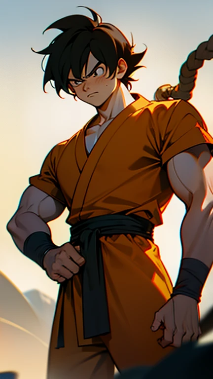 They are Goku, 1boy, arms at the sides, artist name, baggy pants, biceps, black hair, blood, blood from the mouth, blue sash, blue bracelet, blurred bracelet, blurred background, body fur, closed mouth, collarbone, frown, long hair, looking away, looking to the side, male focus, monkey tail, muscular, male muscle, pants, pectorals, red fur, girdle, scratches, serious, simple background, solo, spiked hair, standing, Super Saiyan, Super Saiyan 4, tail, torn clothes, Twitter username, V-shaped eyebrows, bracelet, yellow eyes, yellow pants, ((masterpiece))anime - style image of a man , Dragon Ball concept art, Akira Toriyama style, Dragon Ball art style, advanced digital anime art", highly detailed portrait of Goku, Toriyama Akira, detailed anime character art, inspired by Akira Toriyama, portrait of Goku, stunning character art, Dragon Ball style --auto