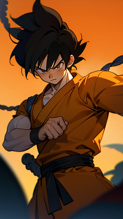 son Goku,Goku face,black orange kimono,hand cross,fuzzy background,angry expression,cartoon,rope tied on his waist, masterpiece,8k resolution , muscular