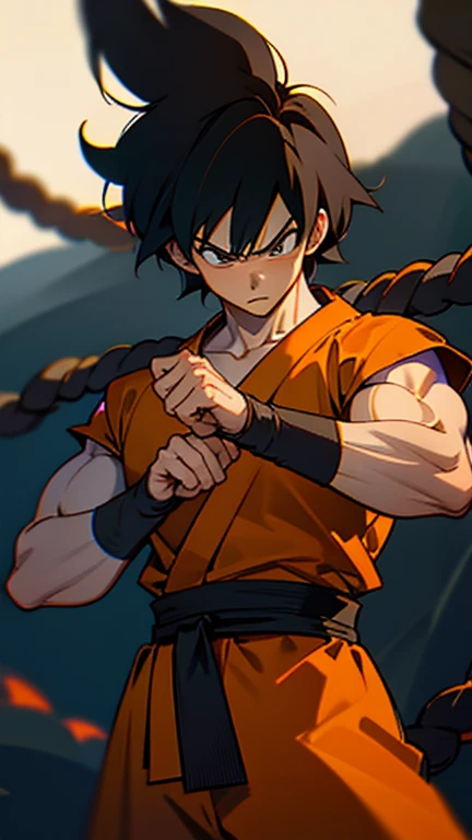 son Goku,Goku face,black orange kimono,hand cross,fuzzy background,angry expression,cartoon,rope tied on his waist, masterpiece,8k resolution , muscular