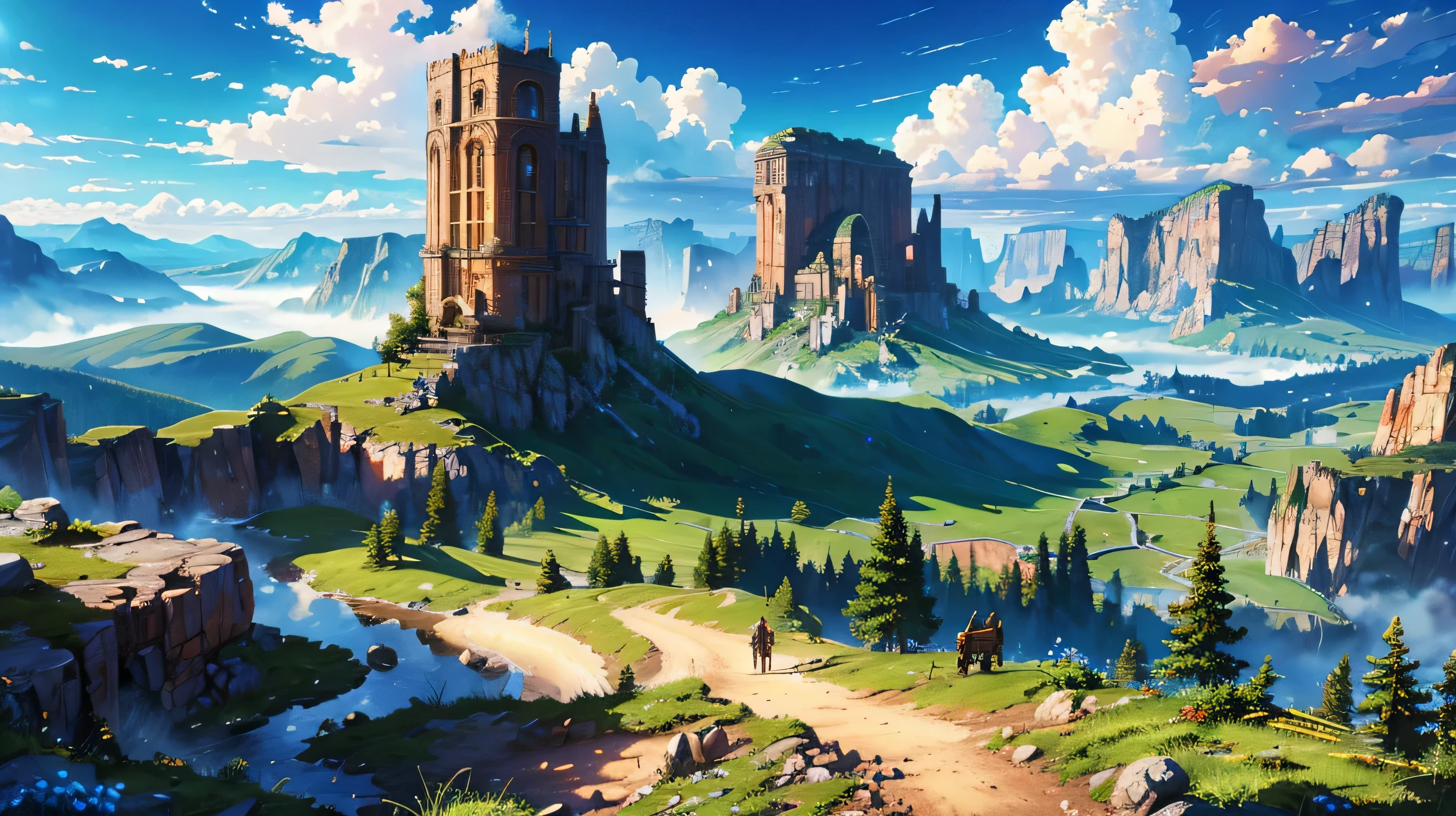 High resolution,High resolution,high quality,landscape,realistic,blue sky,steampunk style