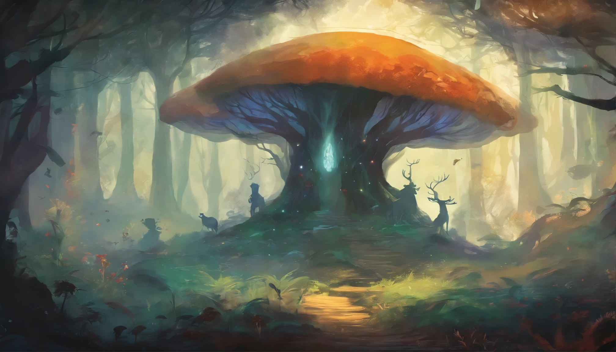(enchanted forest),Magical creatures,(Luminous mushrooms),Shining waterfalls,fantasy,Leonora Carrington,a fantasy forest,Hazy perspective,sunlight filtering through the foliage,(Shining sika deer),colorful,assignment,light and shadow effects,khd,master piece,Detailed details,Depth of bounds written