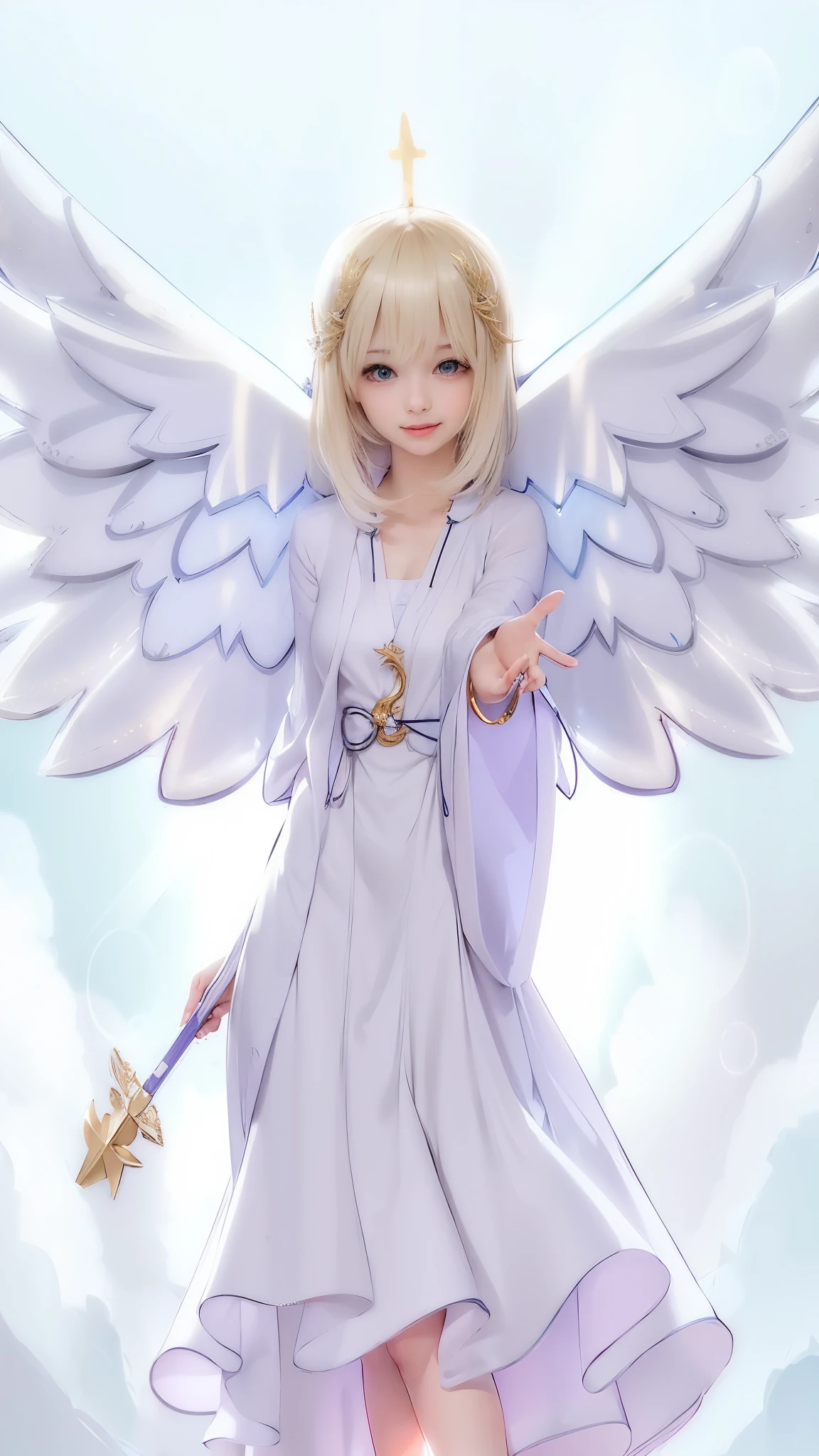 anime - style image of a girl dressed as an angel holding a wand, angelical, angelic halo, full - body majestic angel, With Perfect Big Smile, cute face, Blue eyes, angelic, possibly an angel, angelic purity, angel girl, beautiful angel, of an beautiful angel girl, an angel of the dawn light, glowing angelic being, wearing angel halo, angel themed, tall female angel, wearing angel, anime goddess