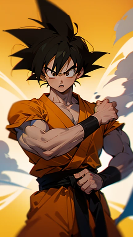 son Goku,Goku face,black orange kimono,hand cross,fuzzy background,angry expression,cartoon,rope tied on his waist, masterpiece,8k resolution , muscular