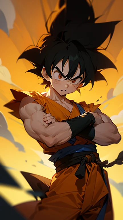 son Goku,Goku face,black orange kimono,hand cross,fuzzy background,angry expression,cartoon,rope tied on his waist, masterpiece,8k resolution , muscular