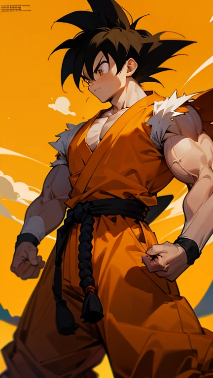 son Goku,Goku face,black orange kimono,hand cross,fuzzy background,angry expression,cartoon,rope tied on his waist, masterpiece,8k resolution , muscular