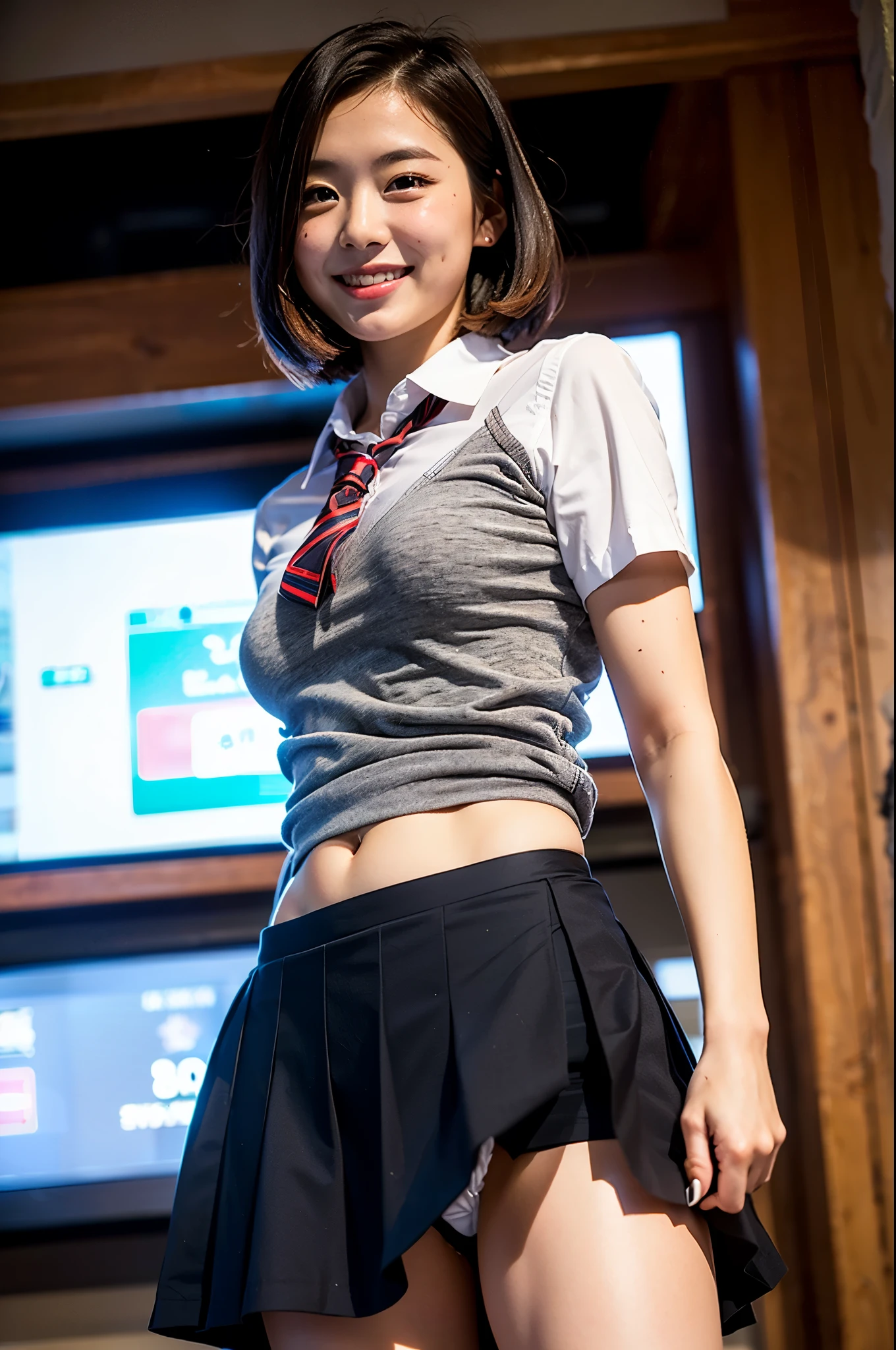 (8K, highest quality, masterpiece: 1.2), (1 girl), (realistic, photorealistic: 1.37), super detailed, highest quality, ultra high resolution, professional lighting, bus, cute girl, school uniform, short hair, smile, (from below), nsfw, miniskirt, ((Flirtingly lifting her skirt to show her panties:1.3))