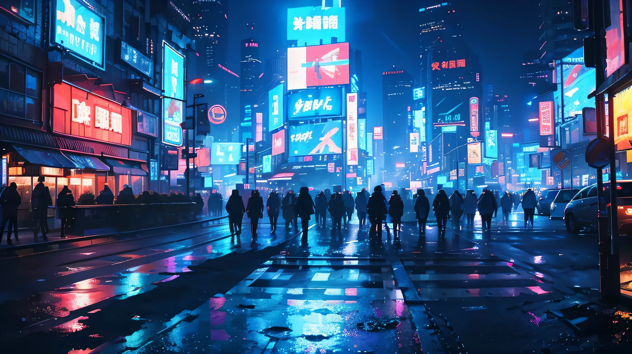 High resolution,High resolution,high quality,landscape,realistic,blue sky,cyberpunk style,intersection,neon sign