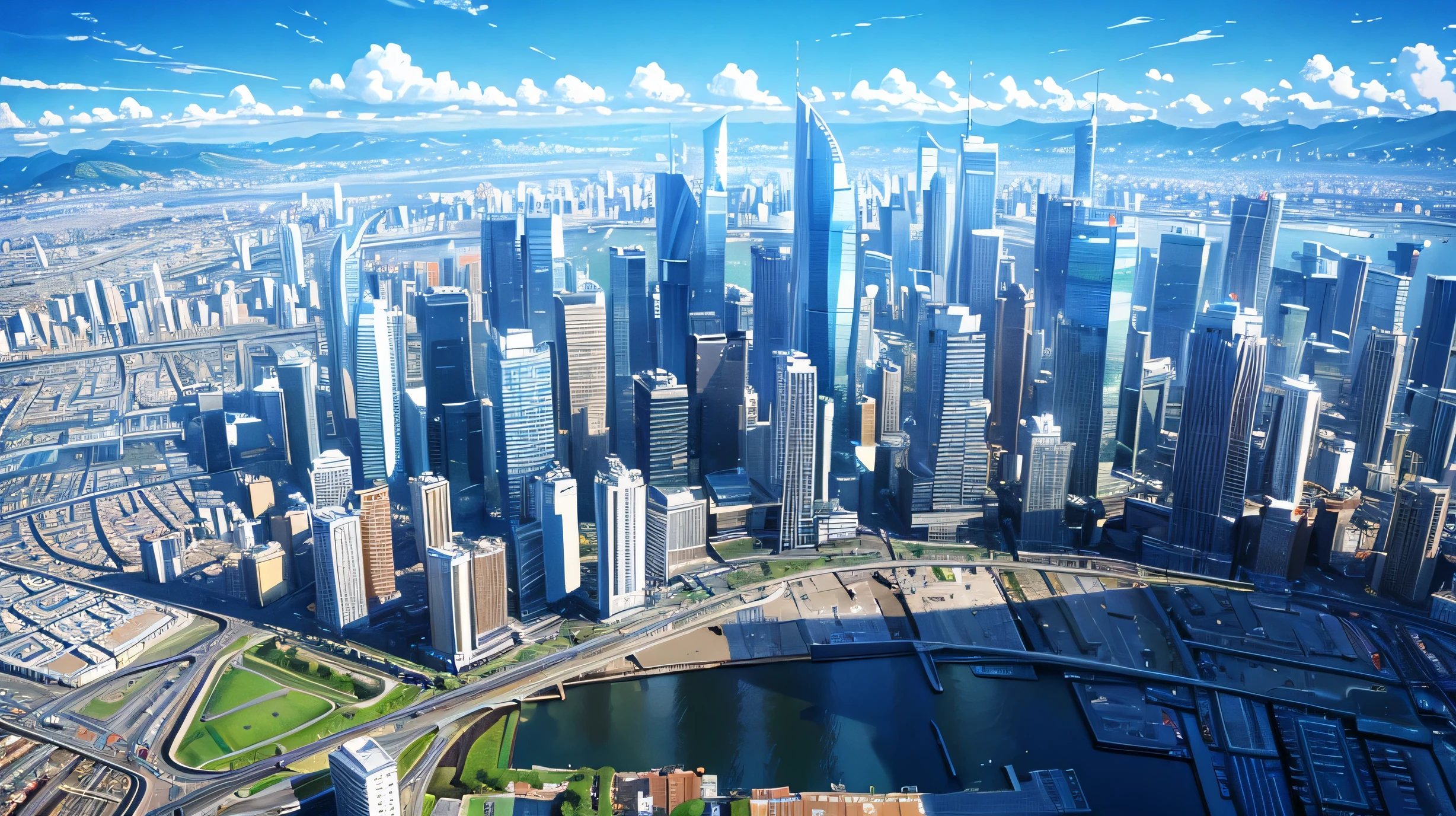 High resolution,High resolution,high quality,landscape,realistic,blue sky,Tall buildings,look up,intersection