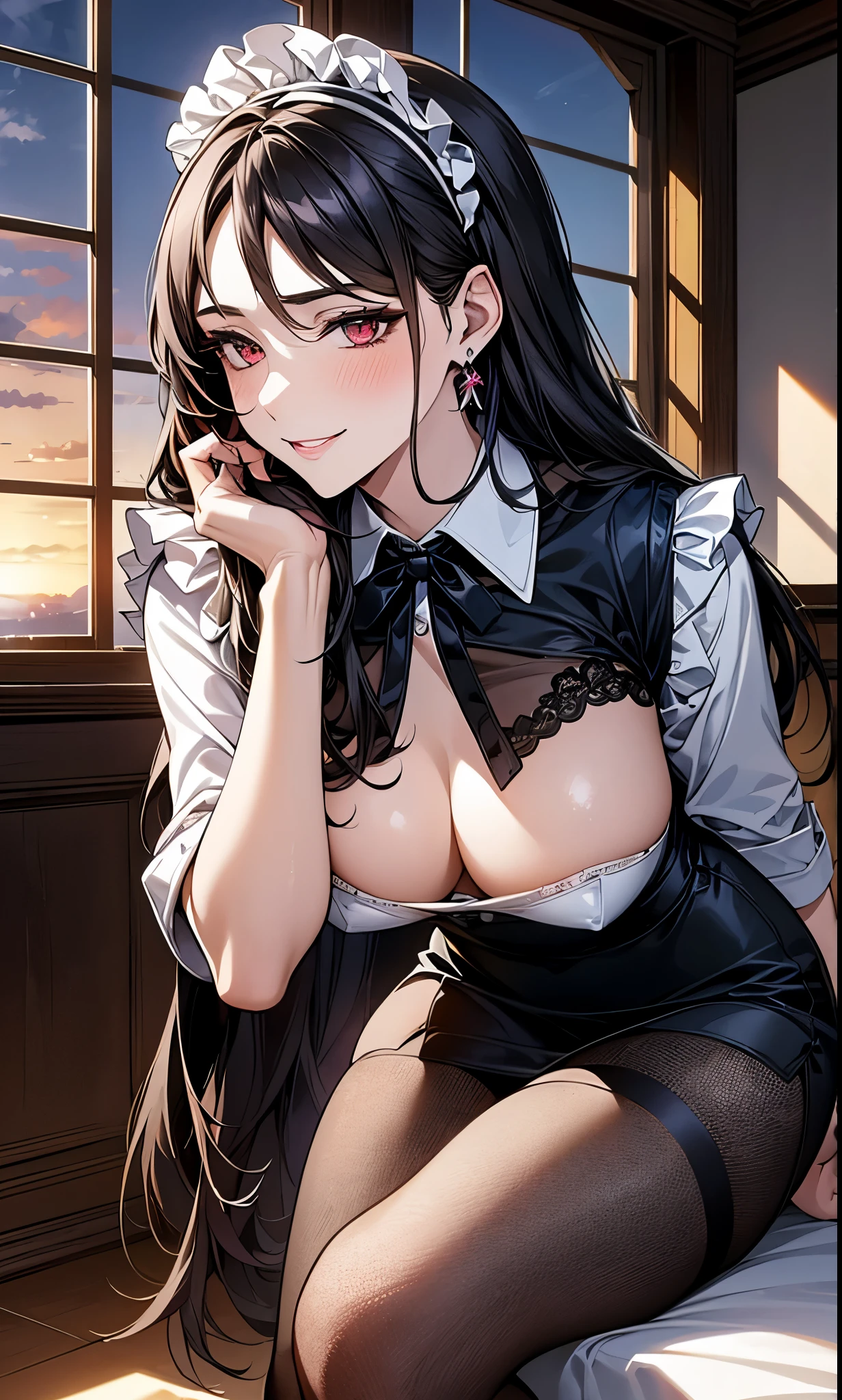 a woman, beautiful maid, tall (1.80), sexy body, seductive body, body proportional to her age, age around 25 years old, adult, Erina Nakiri, maid, French maid, long hair, black hair, straight hair going down to the back, wearing an earring, silver earring in the ear, red eyes, ruby ​​eyes, small nose, well-proportioned nose, aligned nose, professional face, perfect face, delicate face, extremely feminine face, passionate smile, sexy smile , an adult woman wearing a formal maid shirt, French maid, black skirt, white apron, stockings and high heels, right hand held the earring in her ear, posing from the front, ((large breasts)), perky breasts, promotional breasts in the body, perfect waist, above average ass, black lace fishnet stockings, office setting, sitting on a chair, inside an old castle, futuristic castle, with an open window showing the sunset.