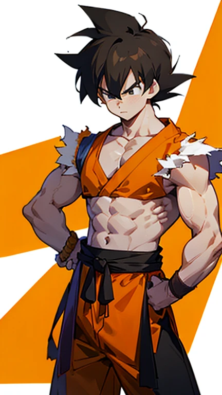 son Goku,Goku face,black orange kimono,hand cross,fuzzy background,angry expression,cartoon,rope tied on his waist, masterpiece,8k resolution , muscular