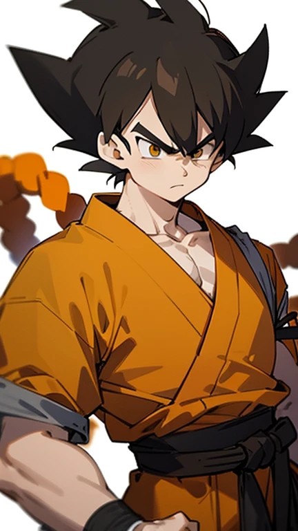 son Goku,Goku face,black orange kimono,hand cross,fuzzy background,angry expression,cartoon,rope tied on his waist, masterpiece,8k resolution , muscular