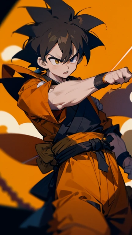 son Goku,Goku face,black orange kimono,hand cross,fuzzy background,angry expression,cartoon,rope tied on his waist, masterpiece,8k resolution , muscular